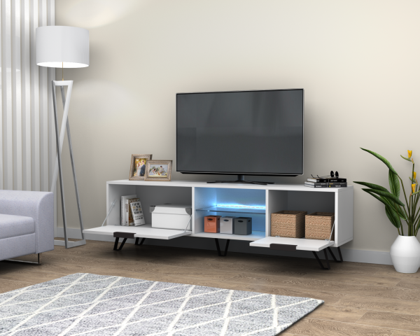 Kaster Led Aydınlatmalı Tv Ünitesi 170 cm Beyaz Metal Ayaklı