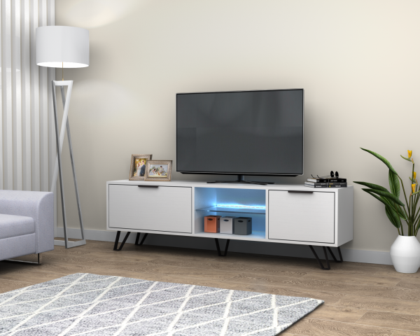 Kaster Led Aydınlatmalı Tv Ünitesi 170 cm Beyaz Metal Ayaklı