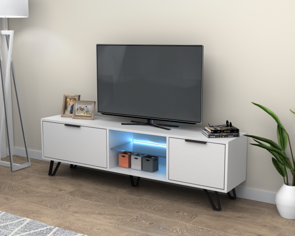 Kaster Led Aydınlatmalı Tv Ünitesi 170 cm Beyaz Metal Ayaklı