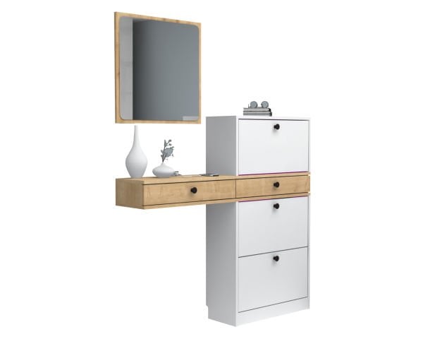 Dmodül Pega Aynalı Ayakkabılık 130 cm Meşe Beyaz Derinlik 30cm