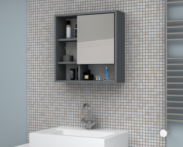 Kanz 60cm Aynalı Banyo Üst Dolabı Gri