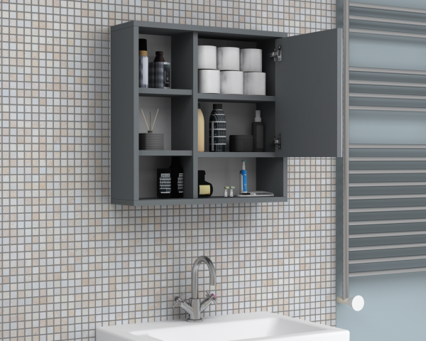 Kanz 60cm Aynalı Banyo Üst Dolabı Gri