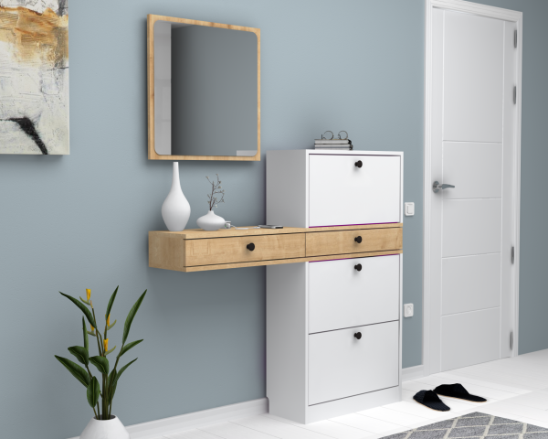 Dmodül Pega Aynalı Ayakkabılık 130 cm Meşe Beyaz Derinlik 30cm
