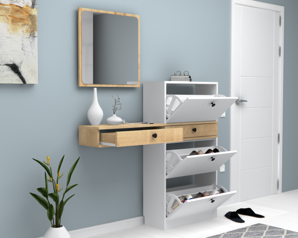 Dmodül Pega Aynalı Ayakkabılık 130 cm Meşe Beyaz Derinlik 30cm