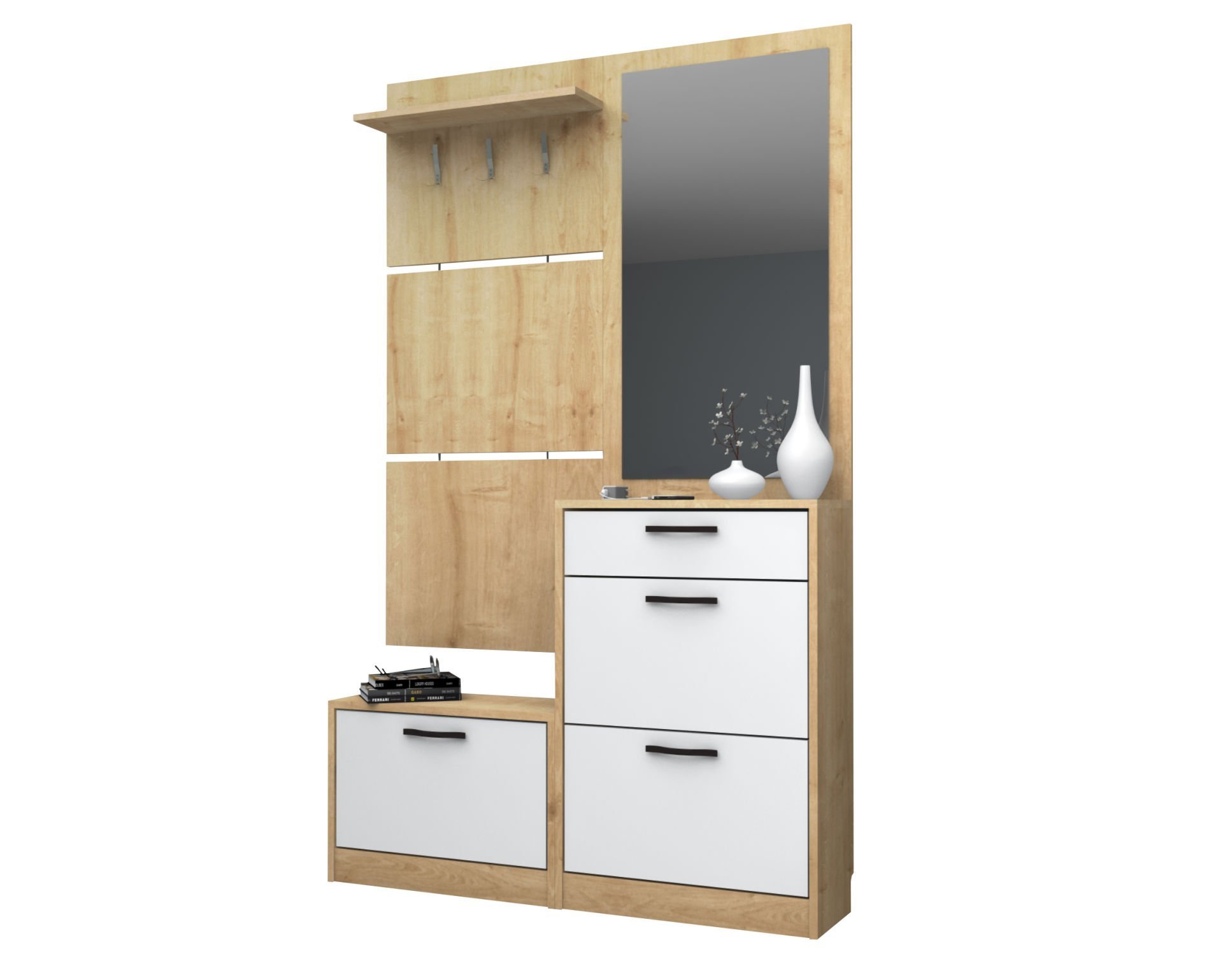 Dmodül Soft Aynalı Ayakkabılık 120 cm Meşe Beyaz Derinlik 30cm