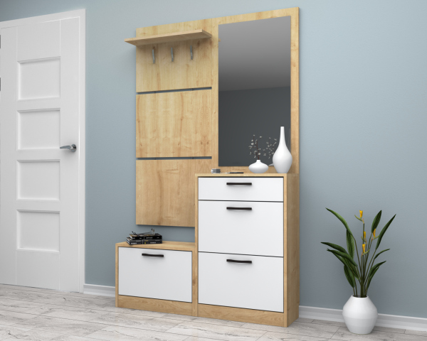 Dmodül Soft Aynalı Ayakkabılık 120 cm Meşe Beyaz Derinlik 30cm