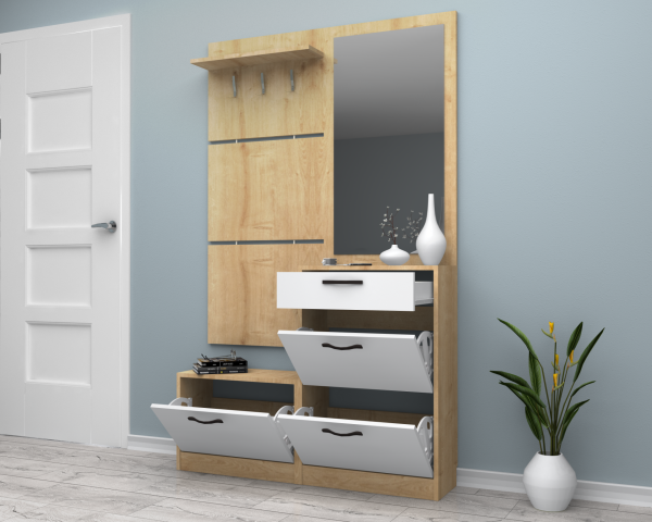 Dmodül Soft Aynalı Ayakkabılık 120 cm Meşe Beyaz Derinlik 30cm