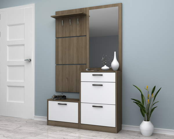 Dmodül Soft Aynalı Ayakkabılık 120 cm Ceviz Beyaz Derinlik 30cm