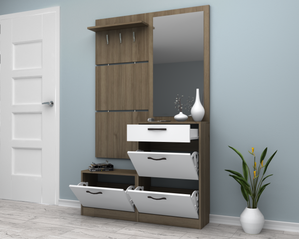 Dmodül Soft Aynalı Ayakkabılık 120 cm Ceviz Beyaz Derinlik 30cm