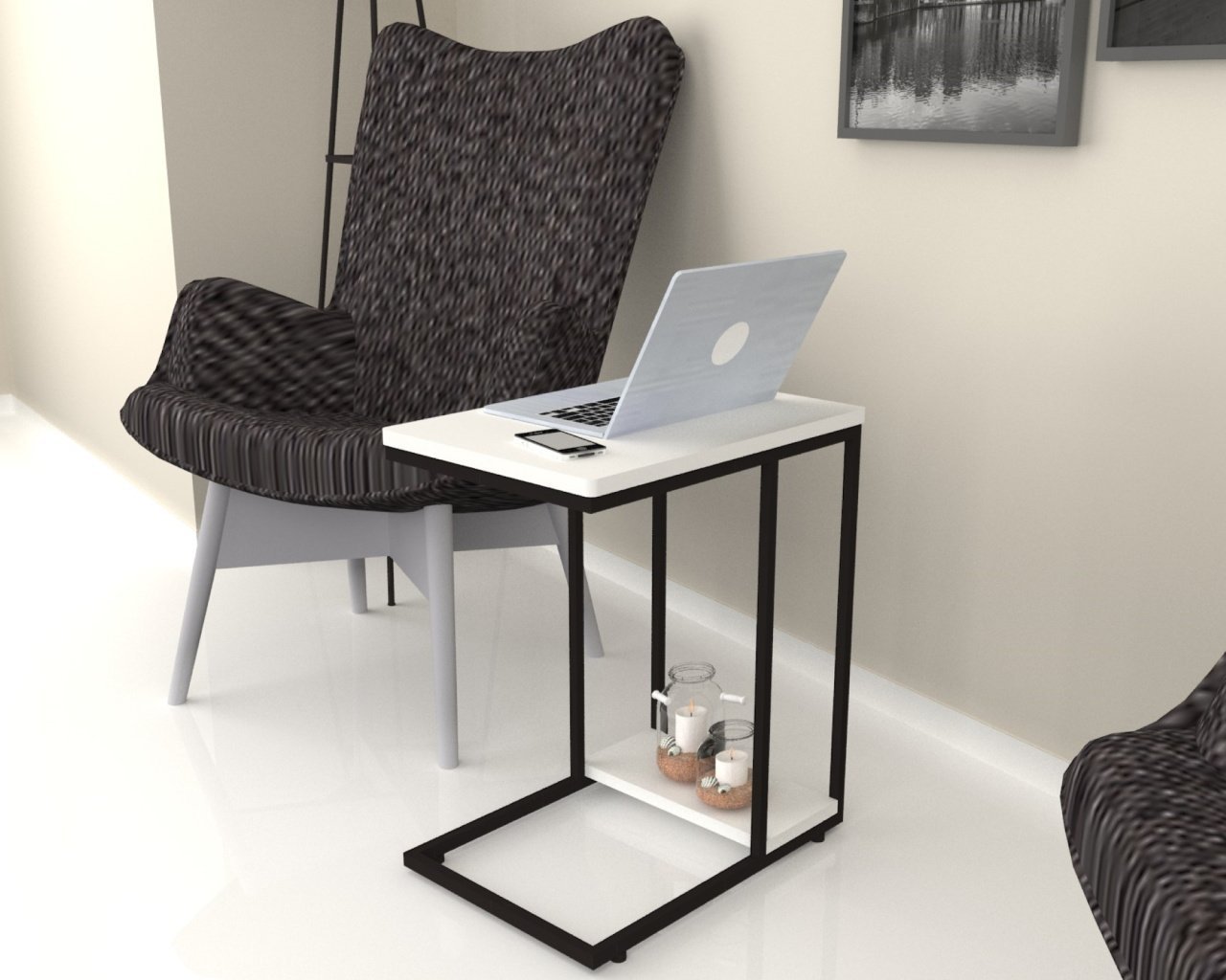 Dmodül Stil Metal Ayaklı Yan Sehpa Beyaz