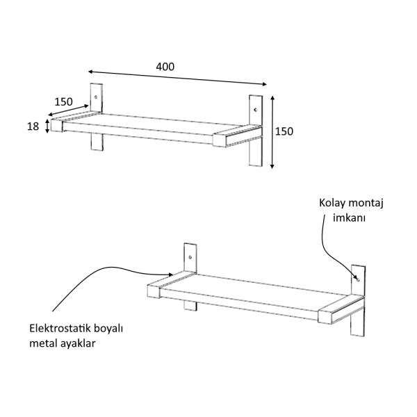 Dmodül Teos 2 li Koyu Gri Dekoratif Modern Duvar Rafı