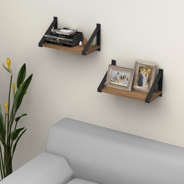 Dmodül Moon 2 li Ceviz Dekoratif Modern Duvar Rafı